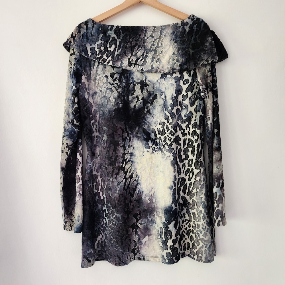 Adore black cream animal prints tunic wide neck womens size L art to wear funky
